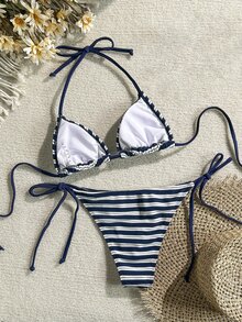 SHEIN Swim 女士夏季沙滩条纹吊带系带性感比基尼泳装套装 - 彩色 - 查看 2