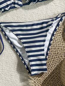 SHEIN Swim 女士夏季沙滩条纹吊带系带性感比基尼泳装套装 - 彩色 - 查看 4