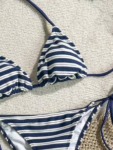 SHEIN Swim 女士夏季沙滩条纹吊带系带性感比基尼泳装套装 - 彩色 - 查看 3
