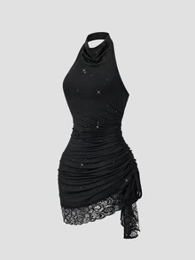 Balvessa Contrast Lace Drawstring Side Halter Neck Backless Ruched Glitter Bodycon Dress Halloween Party Club Black Summer Sexy - Black - View 3