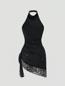 Balvessa Contrast Lace Drawstring Side Halter Neck Backless Ruched Glitter Bodycon Dress Halloween Party Club Black Summer Sexy - Black - View 2