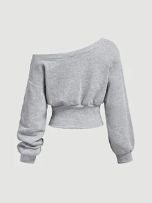 SHEIN MOD Women's Autumn Casual Stud Decor Number Patch Asymmetric Collar Sweatshirt - Grey - View 13