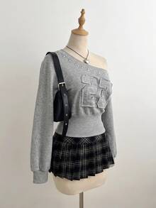 SHEIN MOD Women's Autumn Casual Stud Decor Number Patch Asymmetric Collar Sweatshirt - Grey - View 4