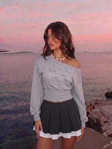 SHEIN MOD Women's Autumn Casual Stud Decor Number Patch Asymmetric Collar Sweatshirt - Grey - View 3