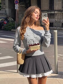 SHEIN MOD Women's Autumn Casual Stud Decor Number Patch Asymmetric Collar Sweatshirt - Grey - View 2