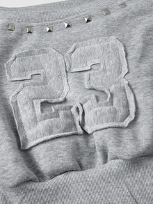 SHEIN MOD Women's Autumn Casual Stud Decor Number Patch Asymmetric Collar Sweatshirt - Grey - View 14