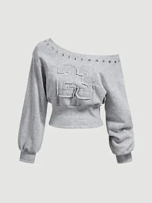 SHEIN MOD Women's Autumn Casual Stud Decor Number Patch Asymmetric Collar Sweatshirt - Grey - View 12