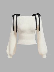 SHEIN MOD Women's Long Sleeve Sweater With Bow Decoration On Shoulder - Apricot - View 9