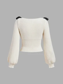 SHEIN MOD Women's Long Sleeve Sweater With Bow Decoration On Shoulder - Apricot - View 10
