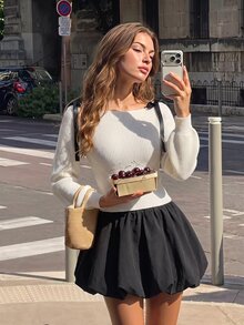 SHEIN MOD Women's Long Sleeve Sweater With Bow Decoration On Shoulder - Apricot - View 3