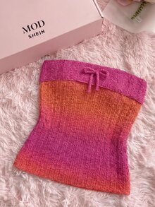 SHEIN MOD Women 1pc Pink Ombre Knit Strapless Bow Front Slim Crop Tube Top Sweet Cute Girl Elegant Y2K Going Out Fall Autumn Christmas Party Knitwear - Multicolor - View 3