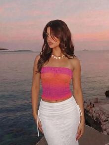 SHEIN MOD Women 1pc Pink Ombre Knit Strapless Bow Front Slim Crop Tube Top Sweet Cute Girl Elegant Y2K Going Out Fall Autumn Christmas Party Knitwear - Multicolor - View 1