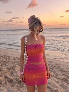 SHEIN MOD Women 1pc Pink Ombre Knit Strapless Bow Front Slim Crop Tube Top Sweet Cute Girl Elegant Y2K Going Out Fall Autumn Christmas Party Knitwear - Multicolor - View 2