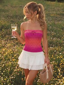 SHEIN MOD Women 1pc Pink Ombre Knit Strapless Bow Front Slim Crop Tube Top Sweet Cute Girl Elegant Y2K Going Out Fall Autumn Christmas Party Knitwear - Multicolor - View 4