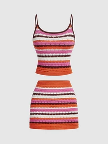 SHEIN MOD Setelan Liburan Wanita 2 Potong: Atasan Camisole dan Rok Mini dengan Blok Warna - MultiWarna - View 9