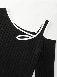 EMERY ROSE Women Black And White Contrast Asymmetric Shoulder Long Sleeve T-Shirt,Suitable For Autumn Casual - Black and White - View 4
