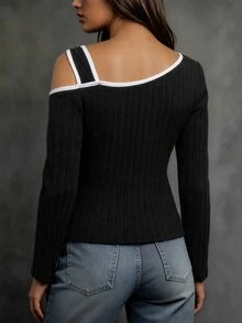 EMERY ROSE Women Black And White Contrast Asymmetric Shoulder Long Sleeve T-Shirt,Suitable For Autumn Casual - Black and White - View 2