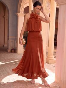Anewsta Spring/Summer New Holiday Party Gathering Halter Neck Sleeveless Detachable Floral Decor Cinched Waist Patchwork Flared Ruffle Hem Romantic Elegant Women's Maxi Dress - Coral Orange - View 1