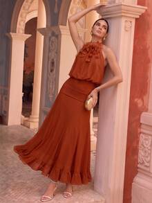 Anewsta Spring/Summer New Holiday Party Gathering Halter Neck Sleeveless Detachable Floral Decor Cinched Waist Patchwork Flared Ruffle Hem Romantic Elegant Women's Maxi Dress - Coral Orange - View 4
