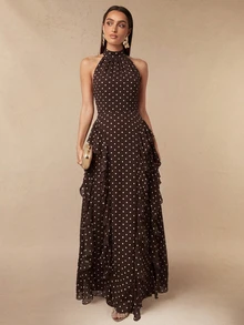Silquee Gaun sifon cokelat elegan dengan leher halter, motif polkadot, dan detail ruffles - sempurna untuk jalan-jalan, pesta makan malam, perayaan ulang tahun. - Burgundy - View 10