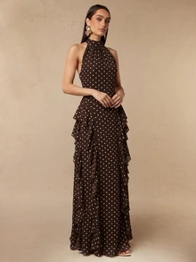 Silquee Gaun sifon cokelat elegan dengan leher halter, motif polkadot, dan detail ruffles - sempurna untuk jalan-jalan, pesta makan malam, perayaan ulang tahun. - Burgundy - View 6