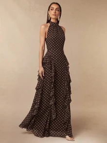 Silquee Gaun sifon cokelat elegan dengan leher halter, motif polkadot, dan detail ruffles - sempurna untuk jalan-jalan, pesta makan malam, perayaan ulang tahun. - Burgundy - View 9