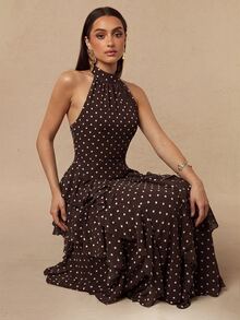 Silquee Gaun sifon cokelat elegan dengan leher halter, motif polkadot, dan detail ruffles - sempurna untuk jalan-jalan, pesta makan malam, perayaan ulang tahun. - Burgundy - View 8