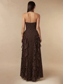 Silquee Gaun sifon cokelat elegan dengan leher halter, motif polkadot, dan detail ruffles - sempurna untuk jalan-jalan, pesta makan malam, perayaan ulang tahun. - Burgundy - View 5