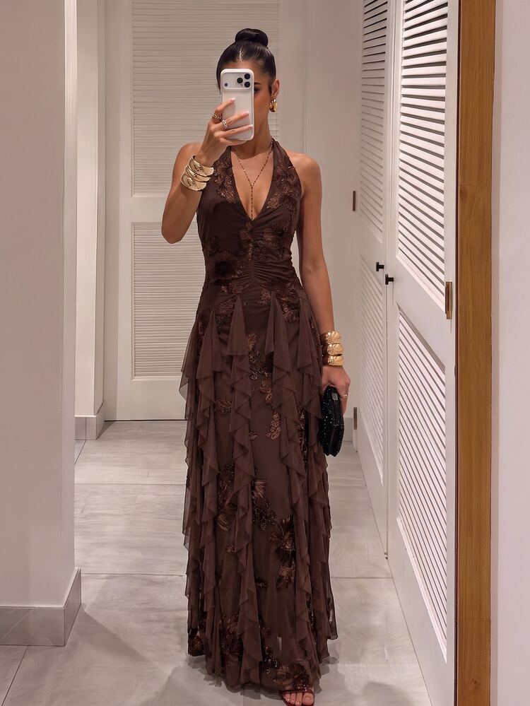 Silquee Women's Brown Autumn/Winter Long Halter Dress Featuring Embroidered Jacquard Paneling And Ruffled Details-Suitable For Evening Parties, Birthday - Brown - View 2