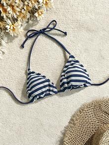 SHEIN Swim 女士条纹印花挂脖系带比基尼上衣 - 彩色 - 查看 1
