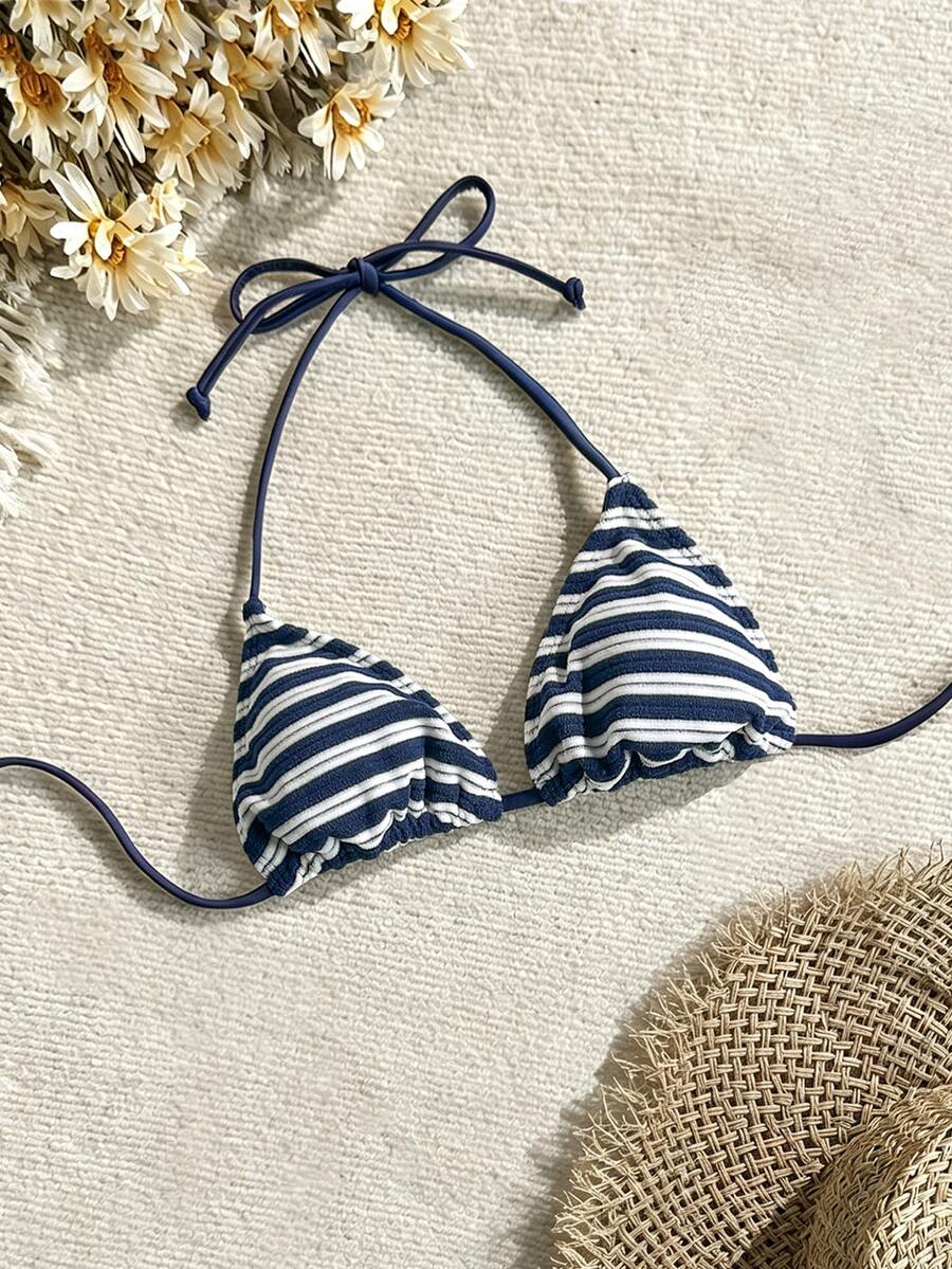 SHEIN Swim 女士条纹印花挂脖系带比基尼上衣 - 彩色 - 查看 1