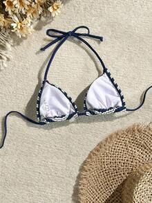 SHEIN Swim 女士条纹印花挂脖系带比基尼上衣 - 彩色 - 查看 2