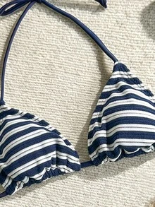 SHEIN Swim 女士条纹印花挂脖系带比基尼上衣 - 彩色 - 查看 4