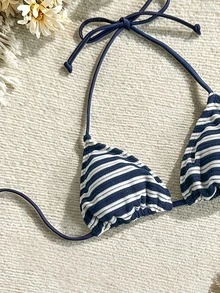 SHEIN Swim 女士条纹印花挂脖系带比基尼上衣 - 彩色 - 查看 3