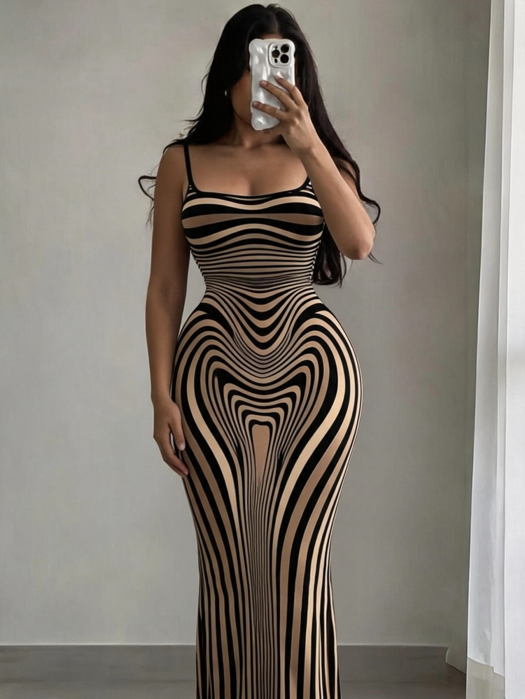 SHEIN SXY Women's Sexy Casual Minimalist Elegant Brown Body Contour Print Spaghetti Strap Long Dress - Multicolor - View 1