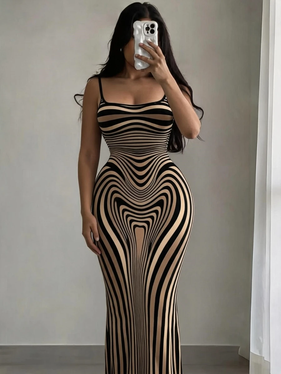 SHEIN SXY 女款性感休閒極簡優雅棕色身體輪廓印花細肩帶長洋裝