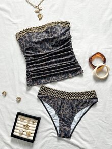 Swim Lushoire Set Tankini Seksi Motif Leopard Musim Gugur/Dingin untuk Wanita, Cocok untuk Liburan Pantai, Pesta, dan Halloween. - MultiWarna - View 2
