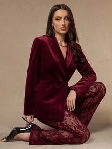 Silquee A Burgundy Velvet Blazer And Lace Trousers Set Offers A Stylish, Retro Street-Style Look For Autumn And Winter; Chic And Sophisticated, It Is Perfect - Burgundy - View 8
