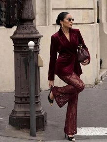 Silquee A Burgundy Velvet Blazer And Lace Trousers Set Offers A Stylish, Retro Street-Style Look For Autumn And Winter; Chic And Sophisticated, It Is Perfect - Burgundy - View 2