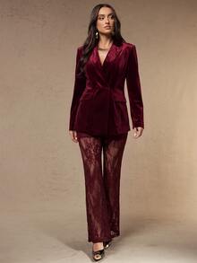 Silquee A Burgundy Velvet Blazer And Lace Trousers Set Offers A Stylish, Retro Street-Style Look For Autumn And Winter; Chic And Sophisticated, It Is Perfect - Burgundy - View 5