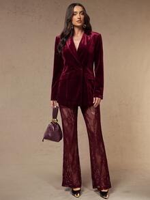 Silquee A Burgundy Velvet Blazer And Lace Trousers Set Offers A Stylish, Retro Street-Style Look For Autumn And Winter; Chic And Sophisticated, It Is Perfect - Burgundy - View 3