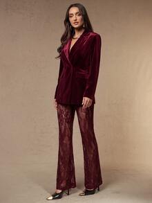 Silquee A Burgundy Velvet Blazer And Lace Trousers Set Offers A Stylish, Retro Street-Style Look For Autumn And Winter; Chic And Sophisticated, It Is Perfect - Burgundy - View 7
