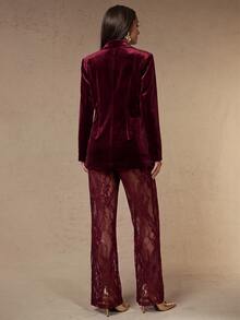Silquee A Burgundy Velvet Blazer And Lace Trousers Set Offers A Stylish, Retro Street-Style Look For Autumn And Winter; Chic And Sophisticated, It Is Perfect - Burgundy - View 4