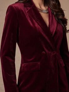 Silquee A Burgundy Velvet Blazer And Lace Trousers Set Offers A Stylish, Retro Street-Style Look For Autumn And Winter; Chic And Sophisticated, It Is Perfect - Burgundy - View 10