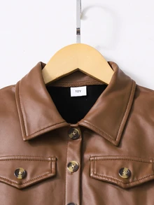SHEIN Vintaside Kids 2件組 青少年女孩春/秋季休閒翻領單排扣短夾克與碎花細肩帶洋裝套裝，甜酷風日常穿著，外出穿搭 - 棕色 - 查看 4