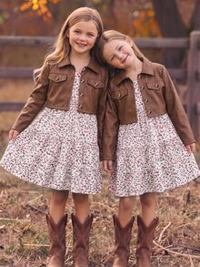 SHEIN Vintaside Kids 2件組 青少年女孩春/秋季休閒翻領單排扣短夾克與碎花細肩帶洋裝套裝，甜酷風日常穿著，外出穿搭 - 棕色 - 查看 3