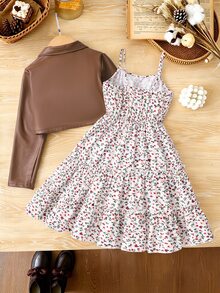 SHEIN Vintaside Kids 2件組 青少年女孩春/秋季休閒翻領單排扣短夾克與碎花細肩帶洋裝套裝，甜酷風日常穿著，外出穿搭 - 棕色 - 查看 2
