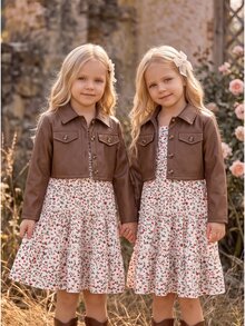 SHEIN Vintaside Kids 2件組 青少年女孩春/秋季休閒翻領單排扣短夾克與碎花細肩帶洋裝套裝，甜酷風日常穿著，外出穿搭 - 棕色 - 查看 6