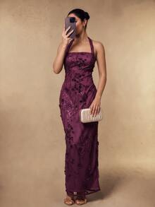 Silquee Elegant Sequin Embroidered Halter Neck Party Holiday Dress - Purple - View 11