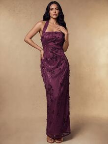 Silquee Elegant Sequin Embroidered Halter Neck Party Holiday Dress - Purple - View 7
